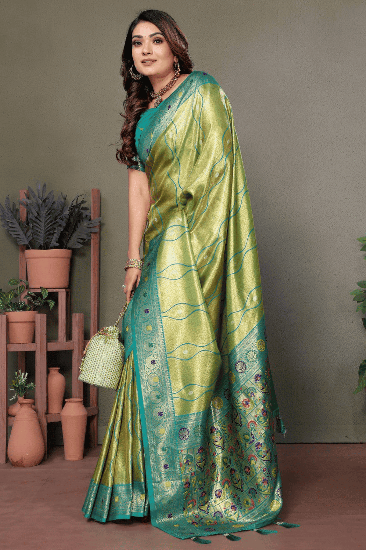 Pista Green Colour Woven Work Pure Banarasi Tissue Silk Traditional Saree