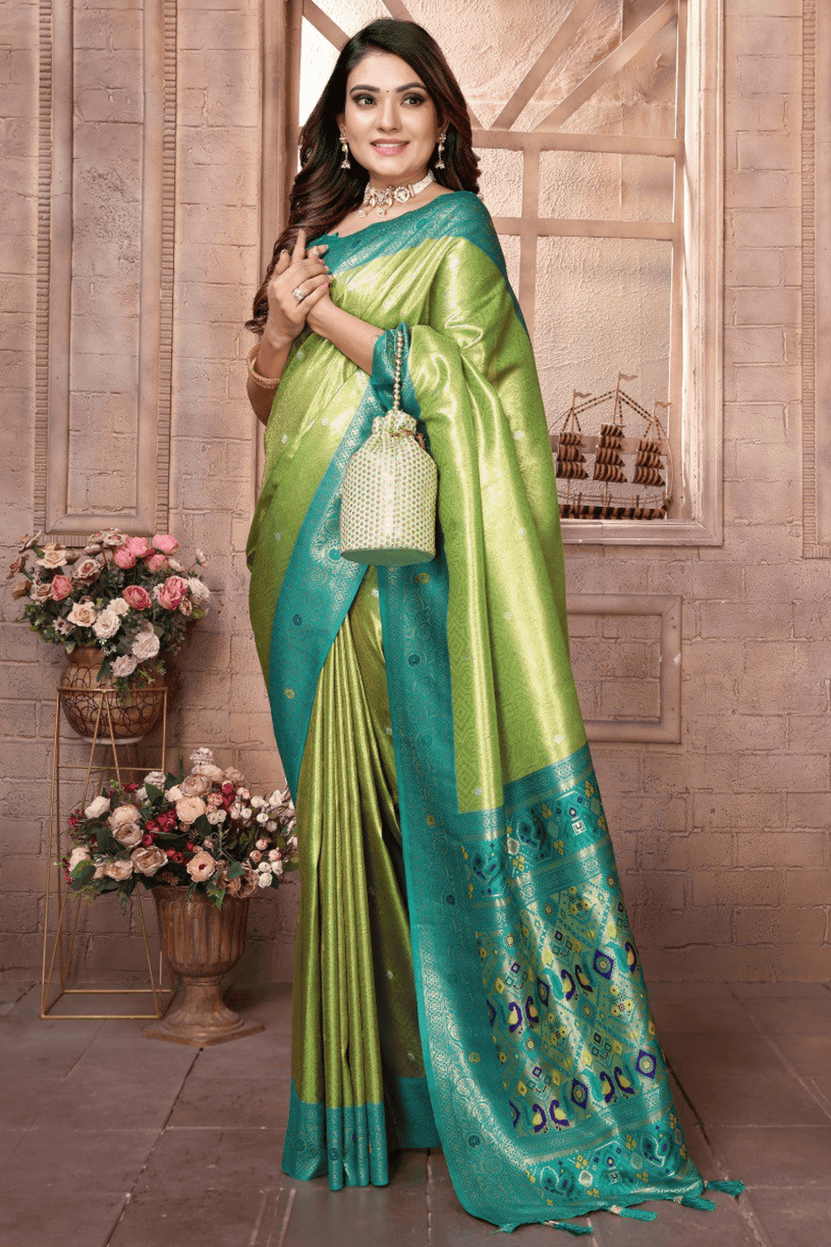 Pista Green Colour Woven Work Pure Banarasi Tissue Silk Traditional Saree