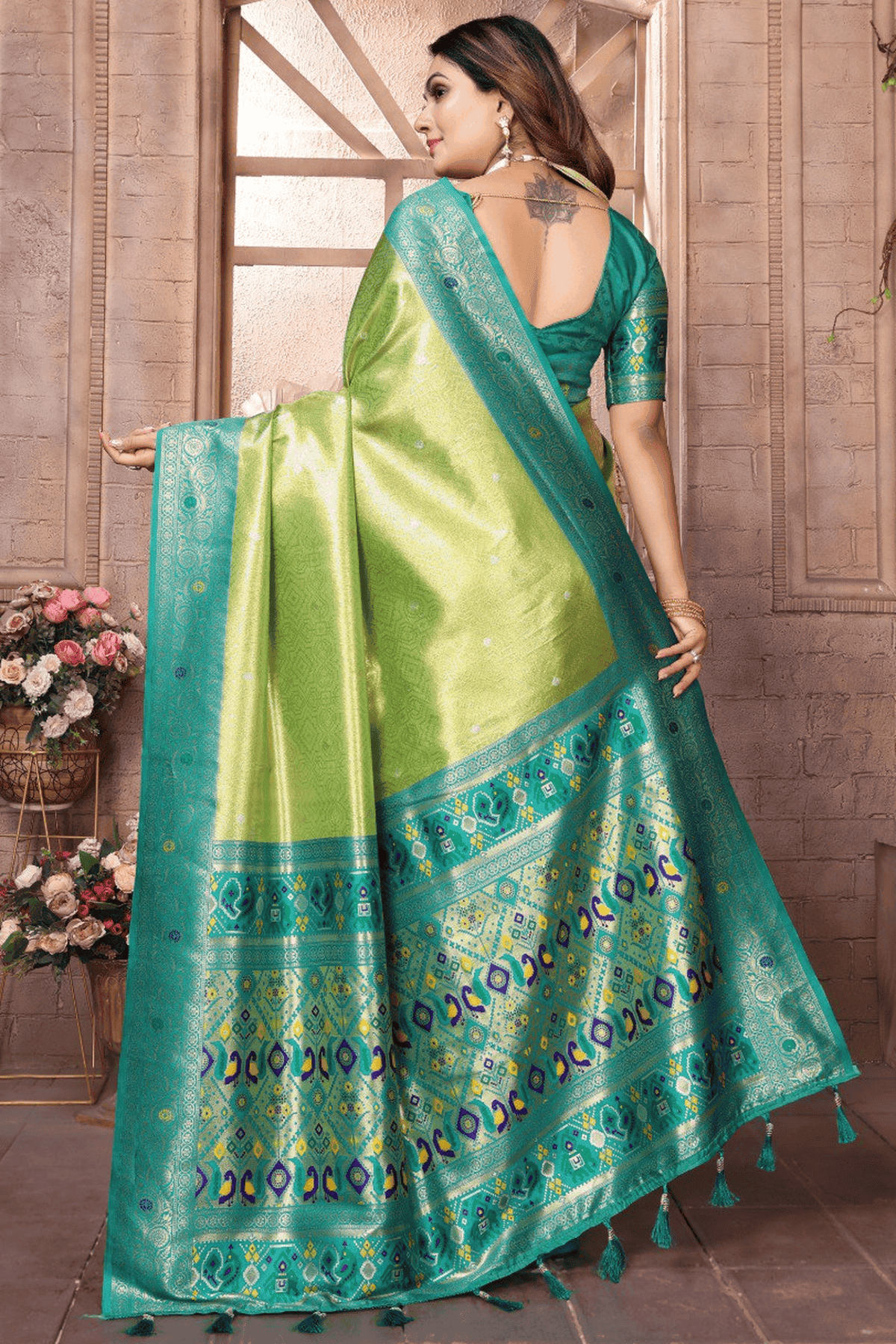 Pista Green Colour Woven Work Pure Banarasi Tissue Silk Traditional Saree