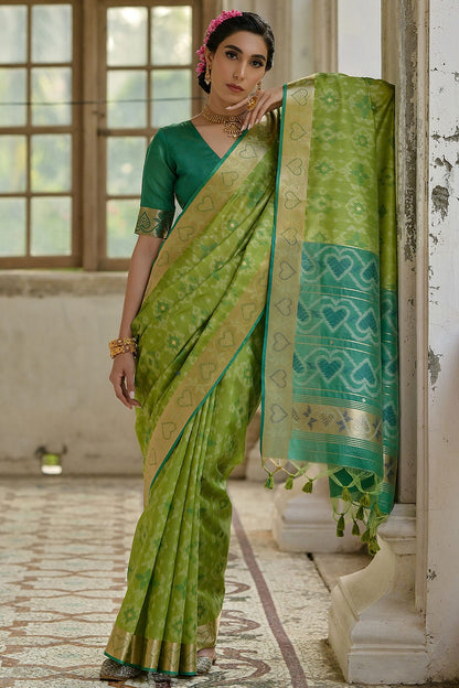 Pista Green Colour Woven Work Raw Silk Saree