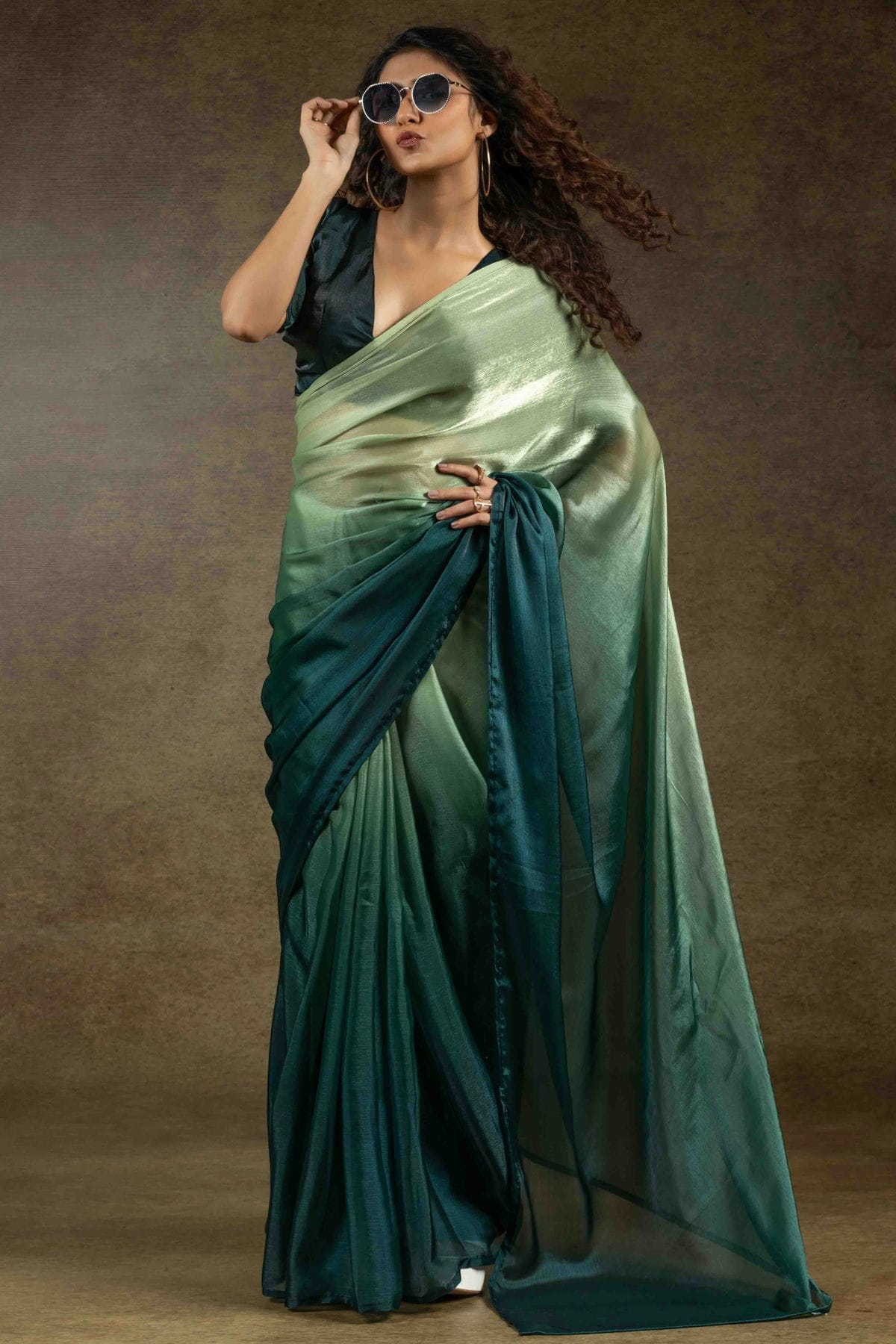 Pista Green and Teal Colour Fendi Satin Silk Ready To Wear Saree VSSD1122018