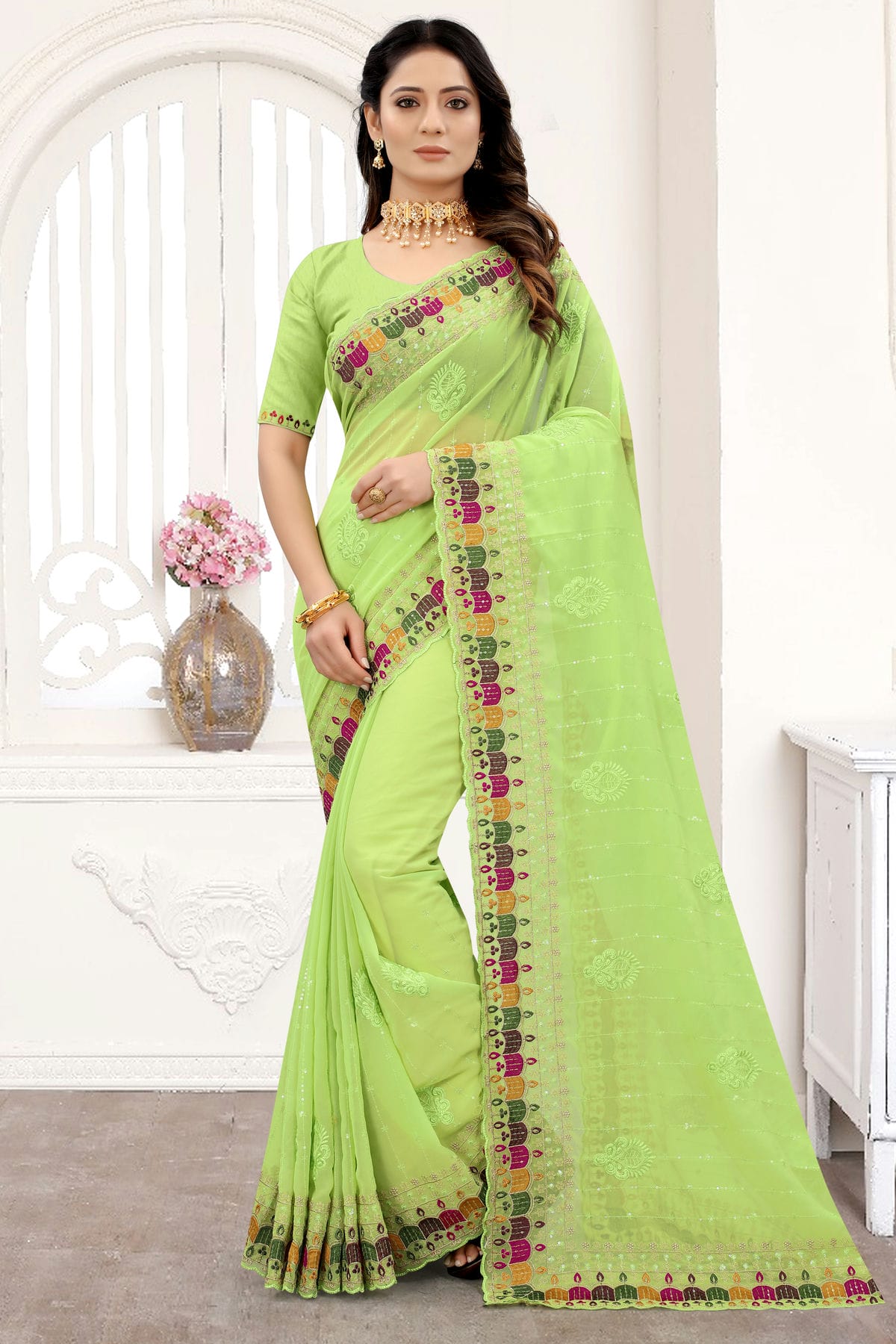 Pista Green Colour Georgette Saree