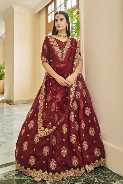 Premium Organza Designer Lehenga CholiIn Maroon NCLC12710131