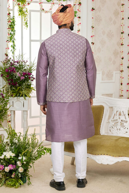 Purple Colour Art Silk Kurta Pajama With Jacket VSKP1230270