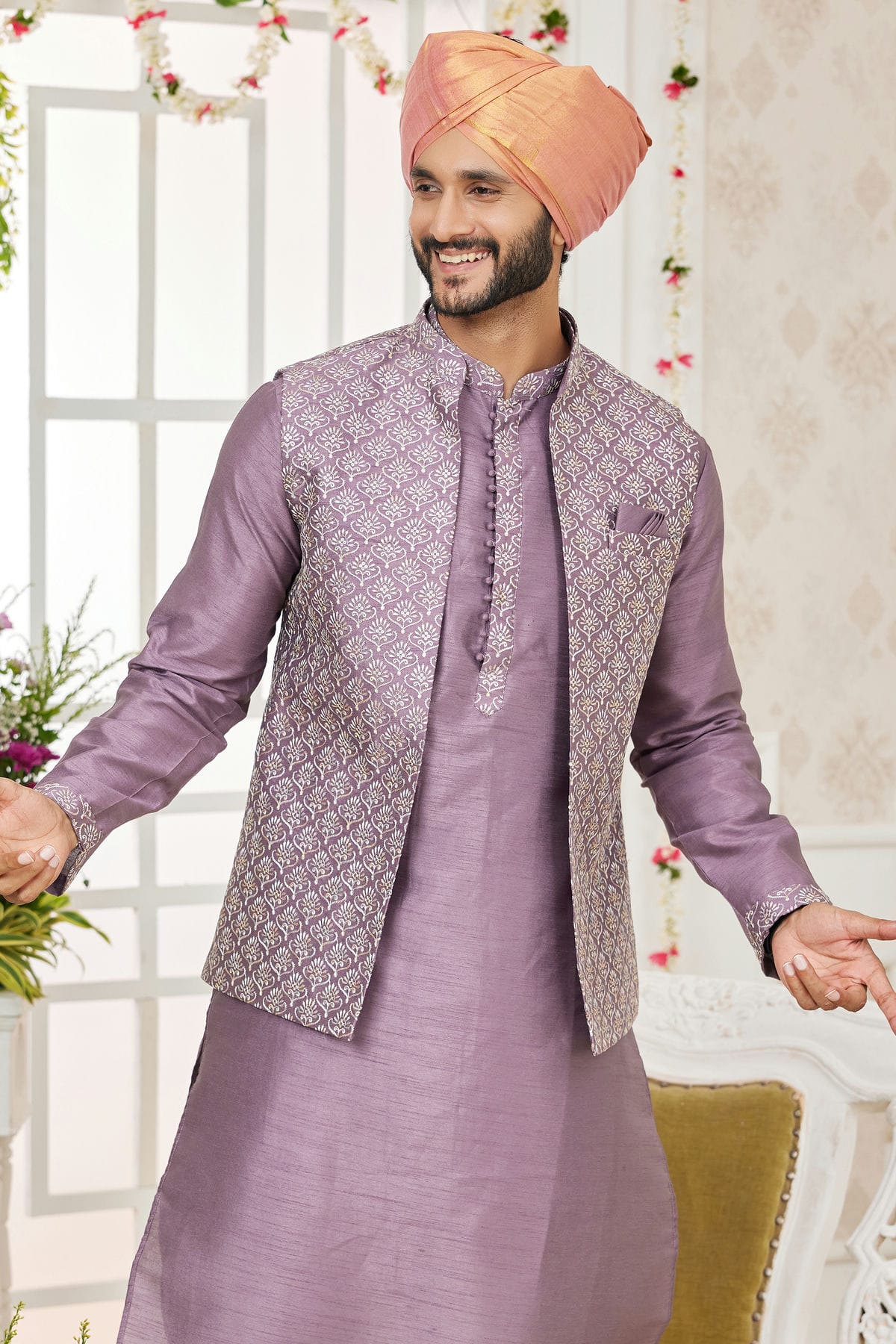 Purple Colour Art Silk Kurta Pajama With Jacket VSKP1230270