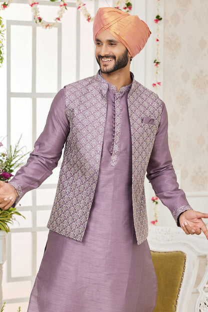 Purple Colour Art Silk Kurta Pajama With Jacket VSKP1230270