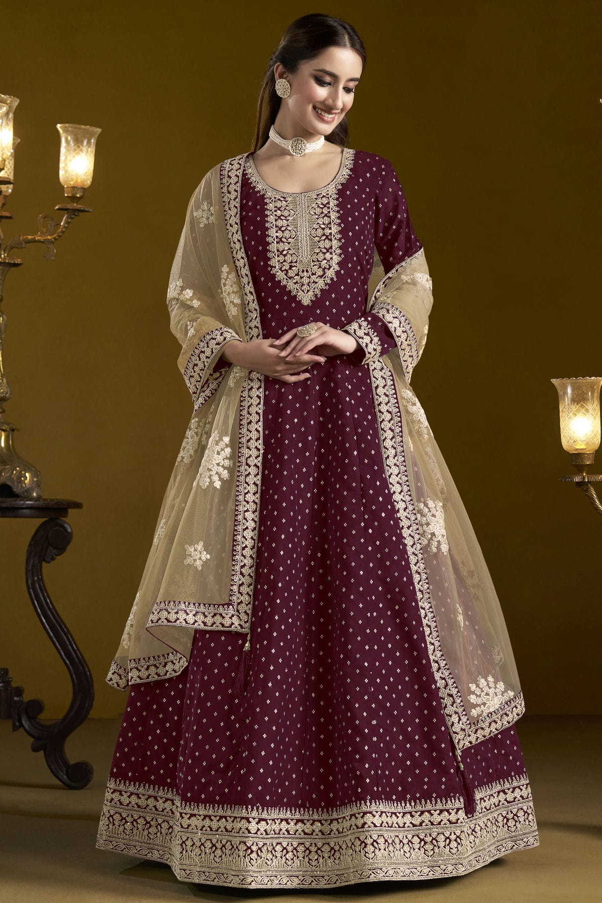 Purple Colour Chanderi Butti Semi Stitched Anarkali Suit VSSM1050650