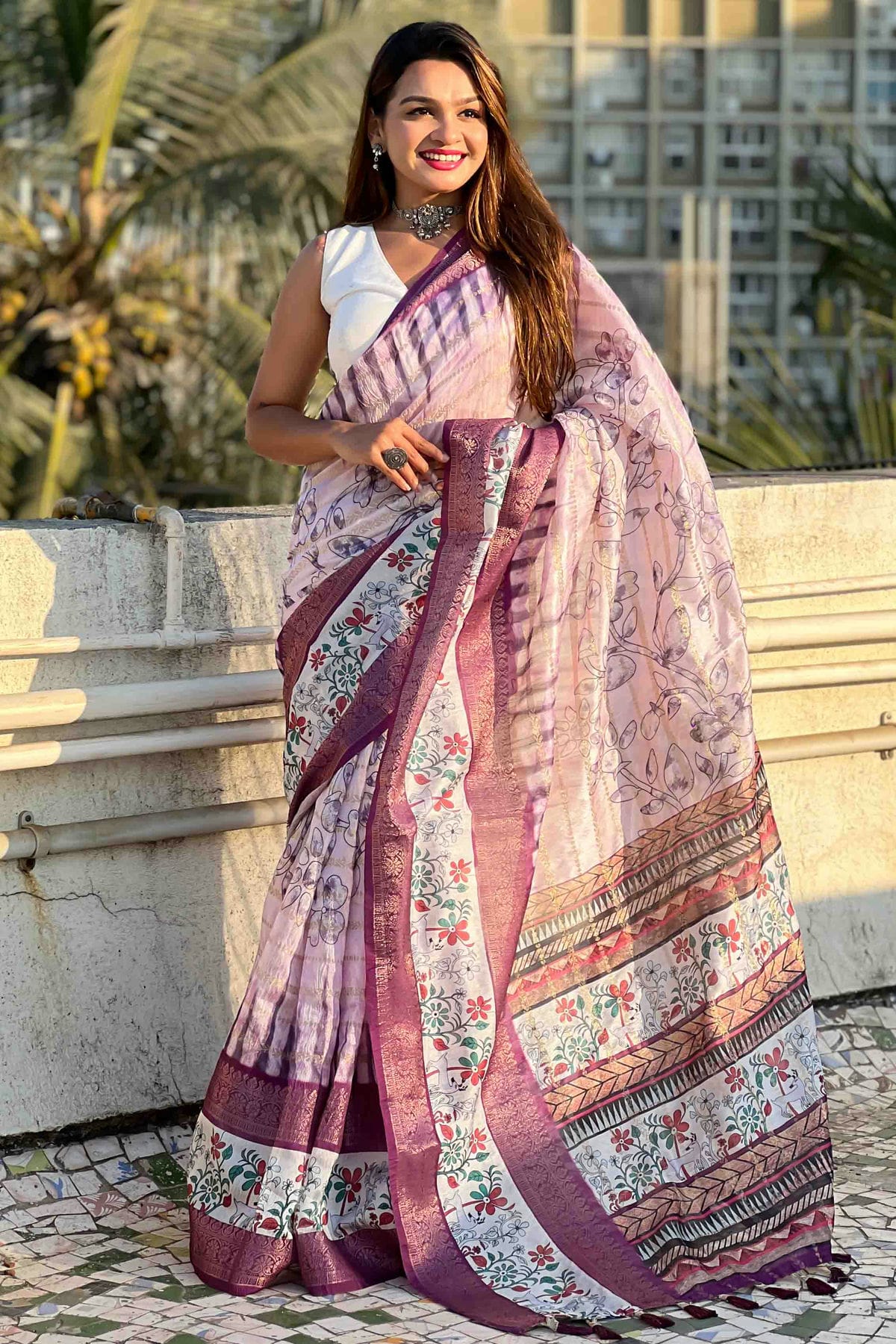 Purple Colour Chanderi Crush Printed Saree VSSD1112822