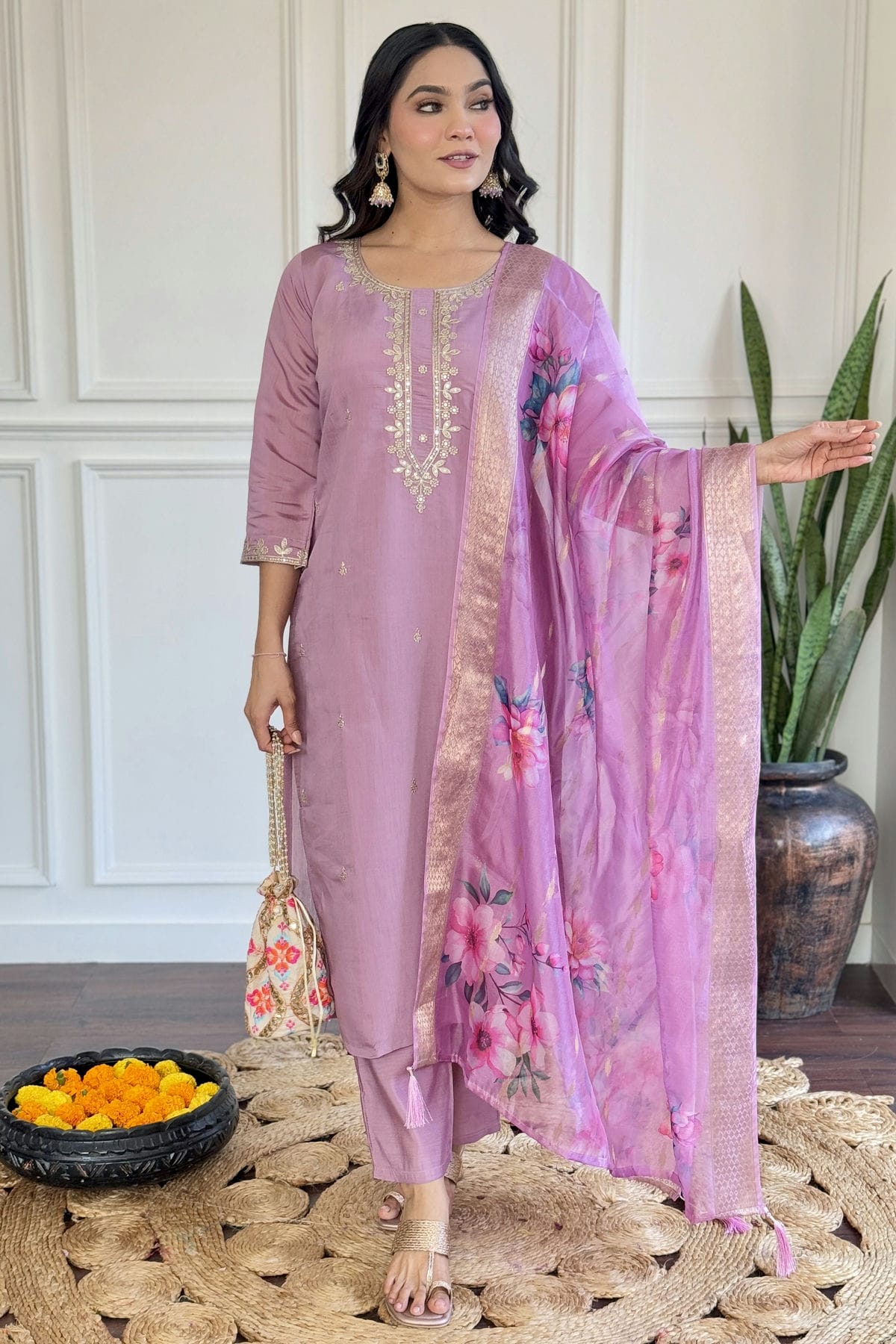 Purple Colour Chanderi Stitched Salwar Suit