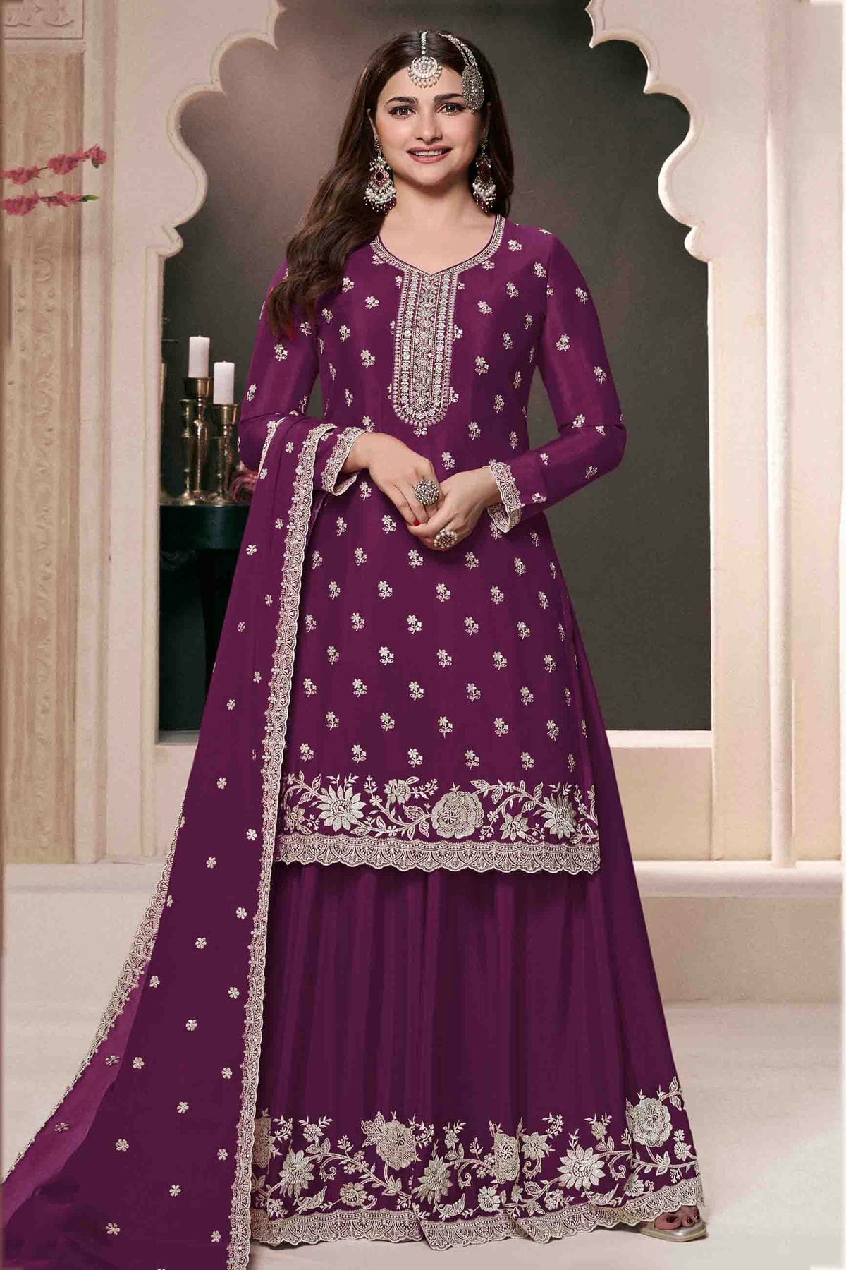 Purple Colour Chinon Palazzo Pant Suit VSSM1140916