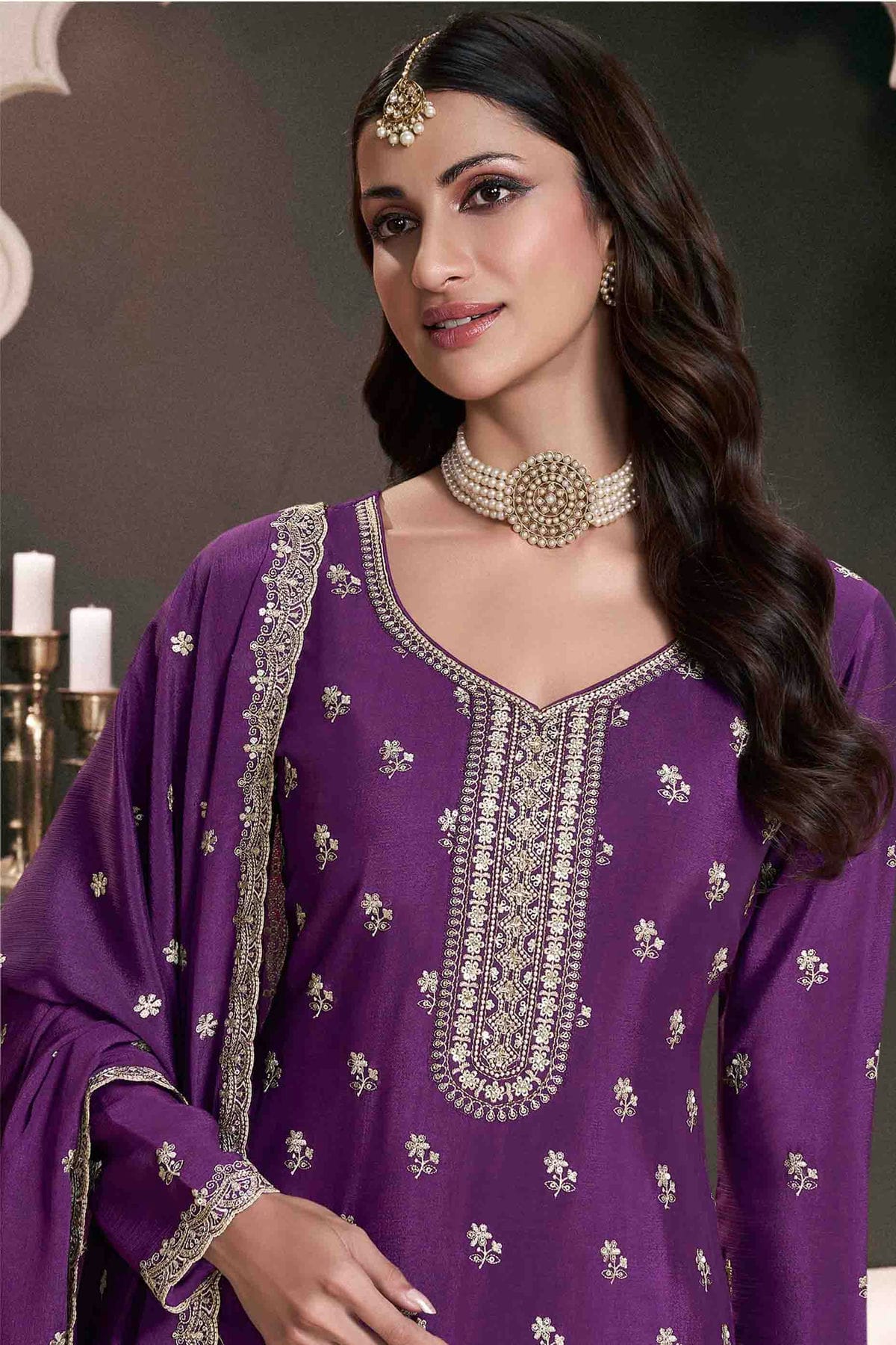 Purple Colour Chinon Palazzo Pant Suit VSSM1140923