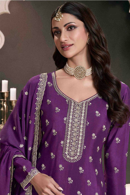 Purple Colour Chinon Palazzo Pant Suit VSSM1140923