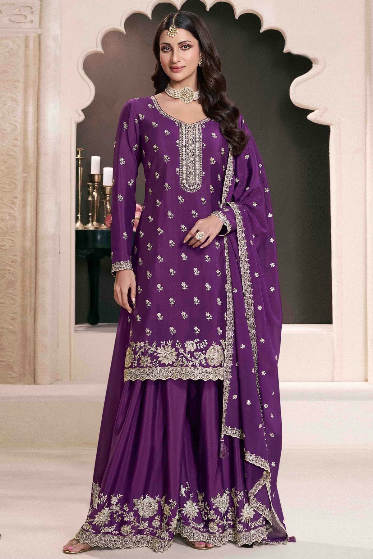 Purple Colour Chinon Palazzo Pant Suit VSSM1140923