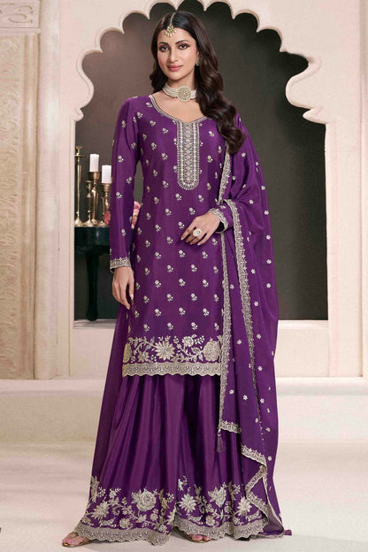 Purple Colour Chinon Palazzo Pant Suit VSSM1140923