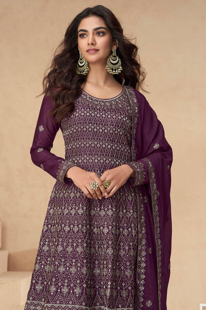 Purple Colour Chinon Silk Palazzo Pant Suit VSSM1140533