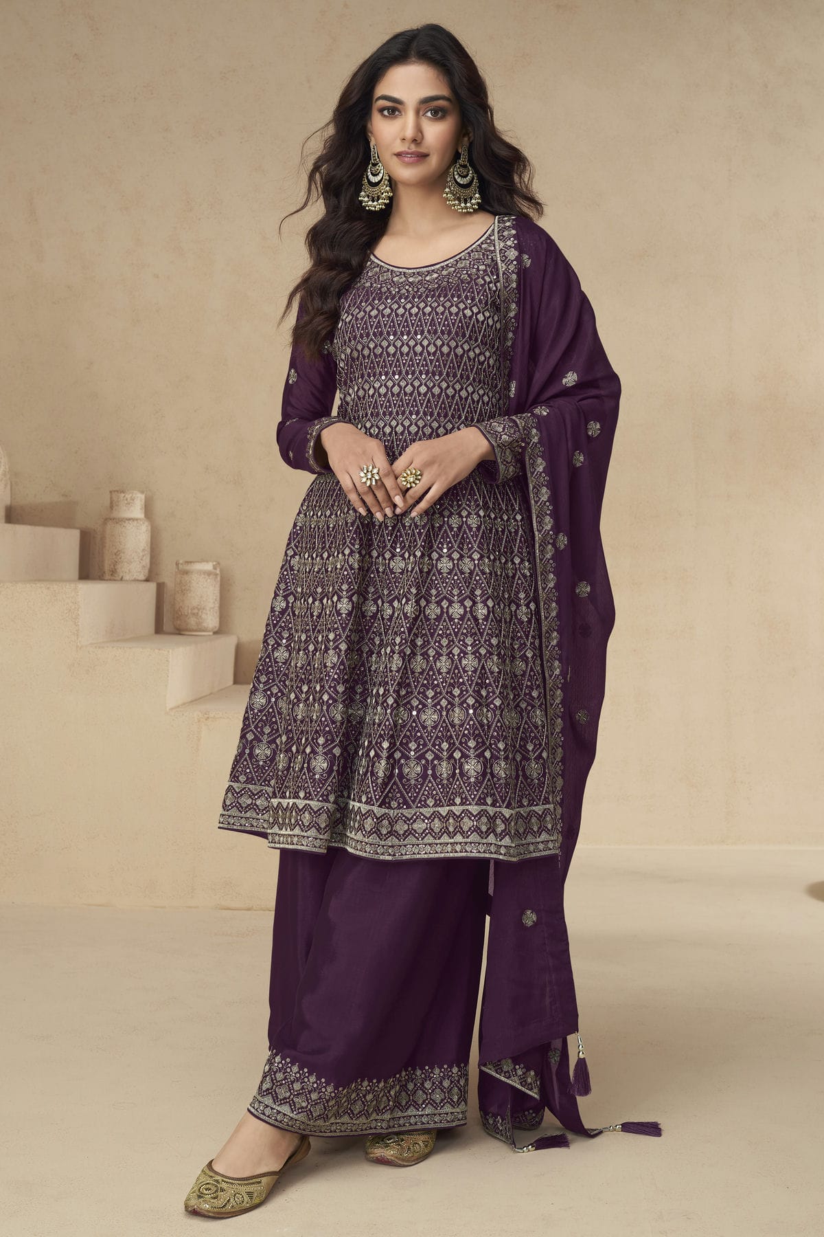 Purple Colour Chinon Silk Palazzo Pant Suit