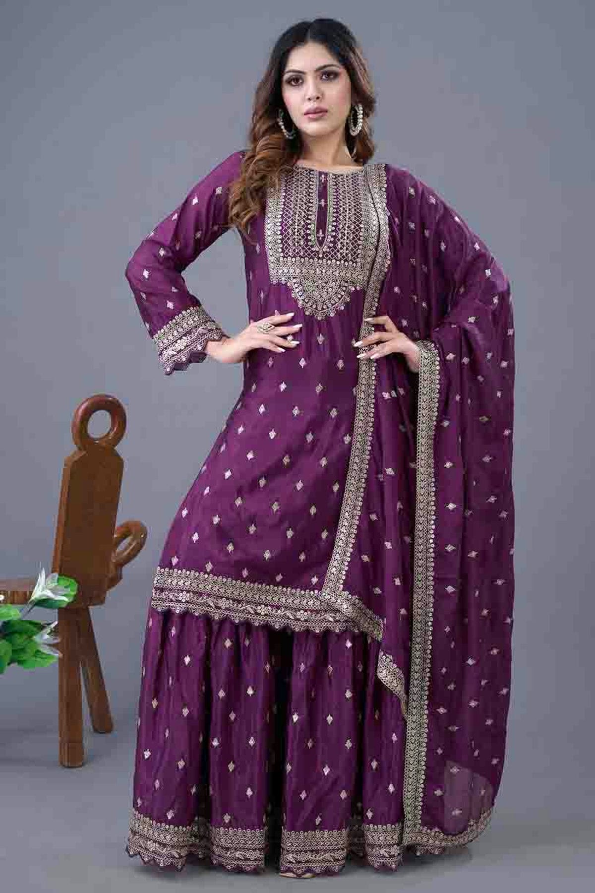 Purple Colour Chinon Silk Stitched Sharara Suit VSSS1140944