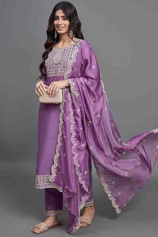 Purple Colour Chinon Viscose Embroidery Pant Style Suit VSSS1113644