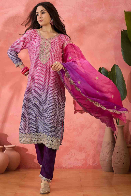 Purple Colour Embroidery Chinon Silk Pant Style Suit VSSS1113508