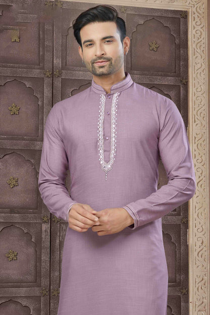 Purple Colour Embroidery Cotton Kurta Pajama VSKP1113458