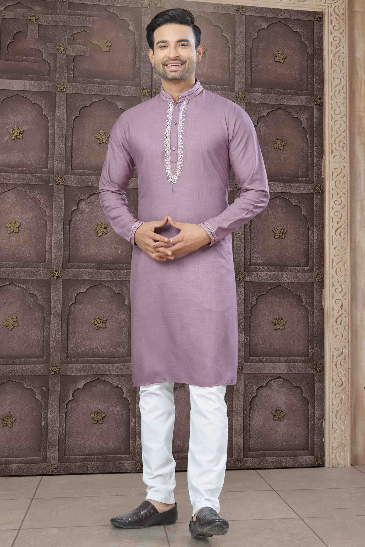 Purple Colour Embroidery Cotton Kurta Pajama VSKP1113458
