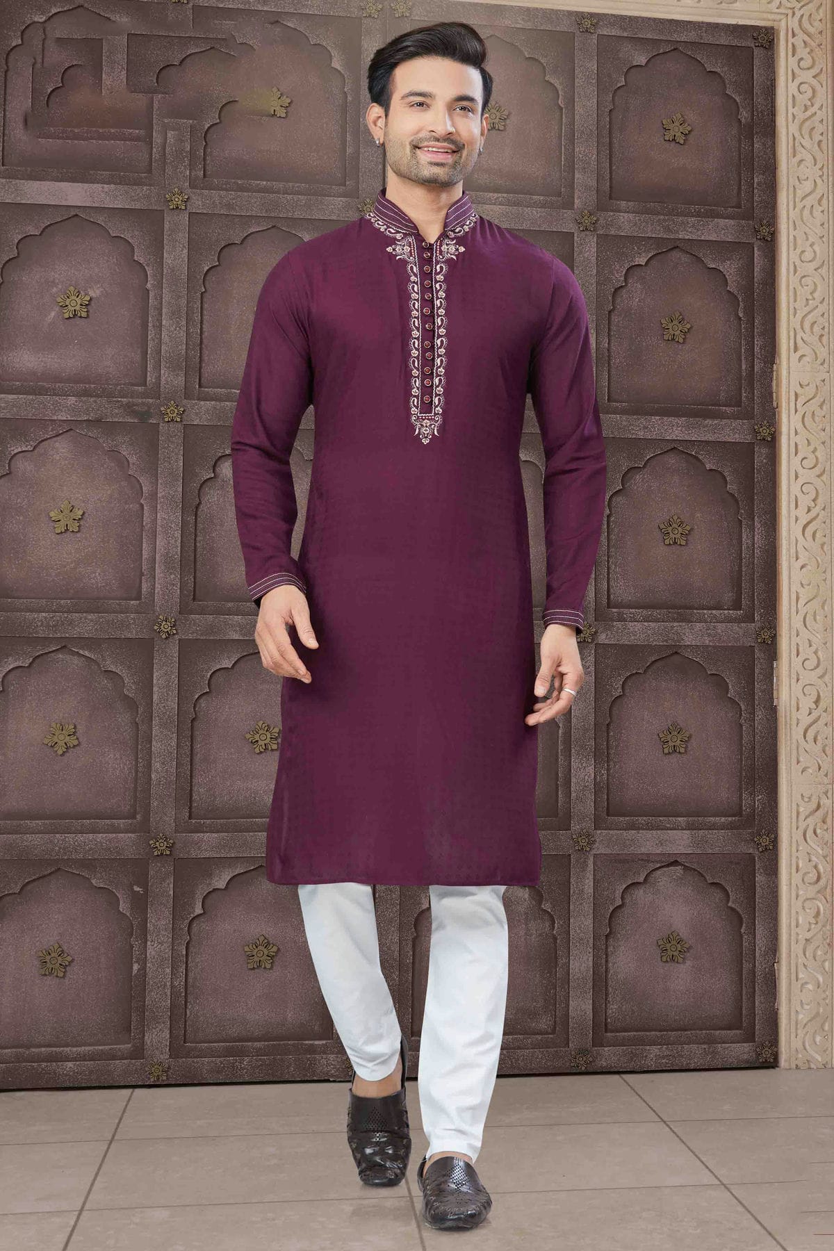 Purple Colour Embroidery Cotton Kurta Pajama VSKP1113460