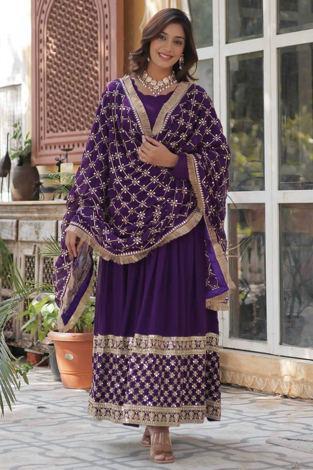 Purple Colour Embroidery Faux Georgette Gown VSGW1113525