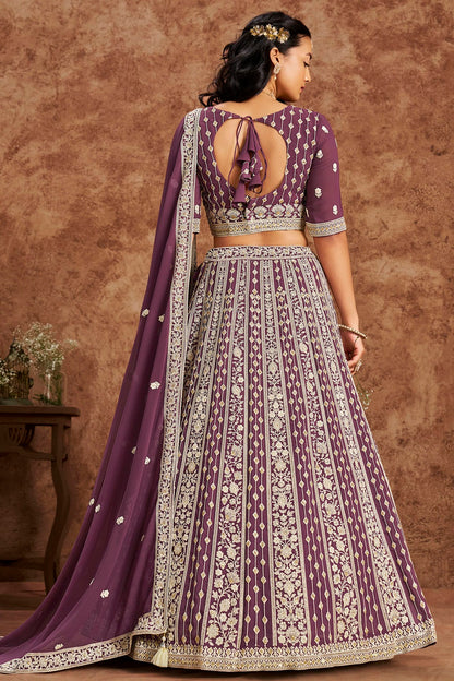 Purple Colour Embroidery Lehenga Choli In Faux Georgette Fabric