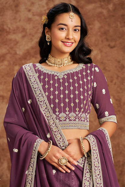 Purple Colour Embroidery Lehenga Choli In Faux Georgette Fabric