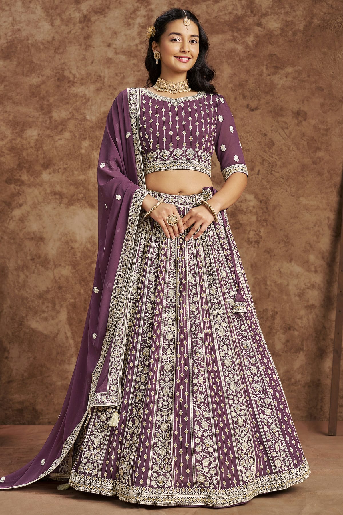 Purple Colour Embroidery Lehenga Choli In Faux Georgette Fabric