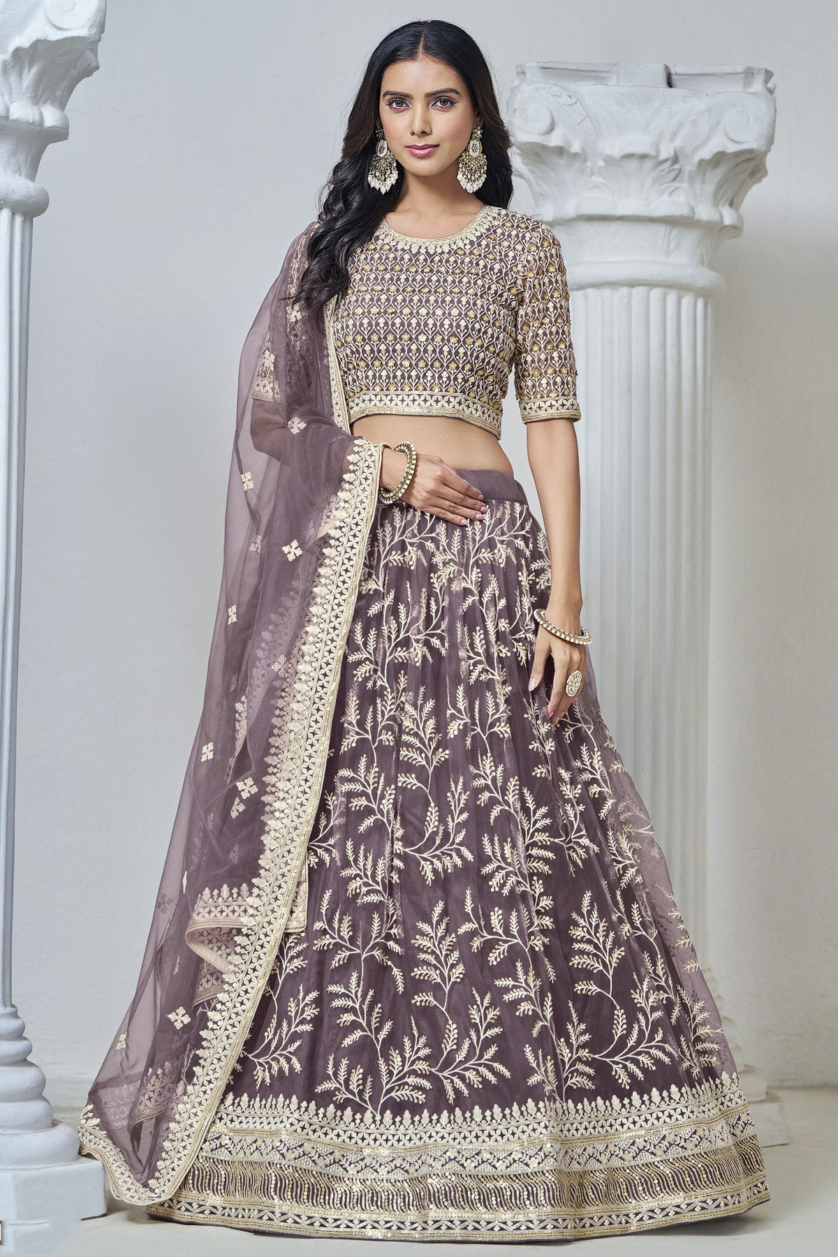 Purple Colour Embroidery Lehenga Choli In Net Fabric