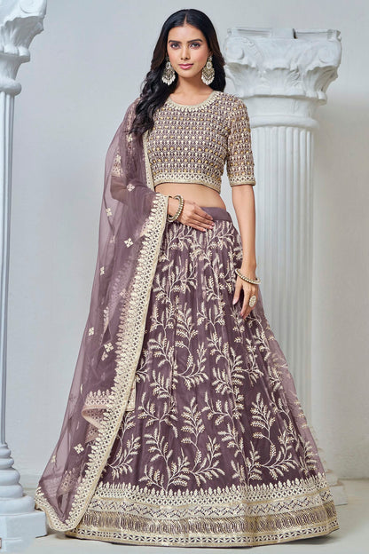 Purple Colour Embroidery Lehenga Choli In Net Fabric
