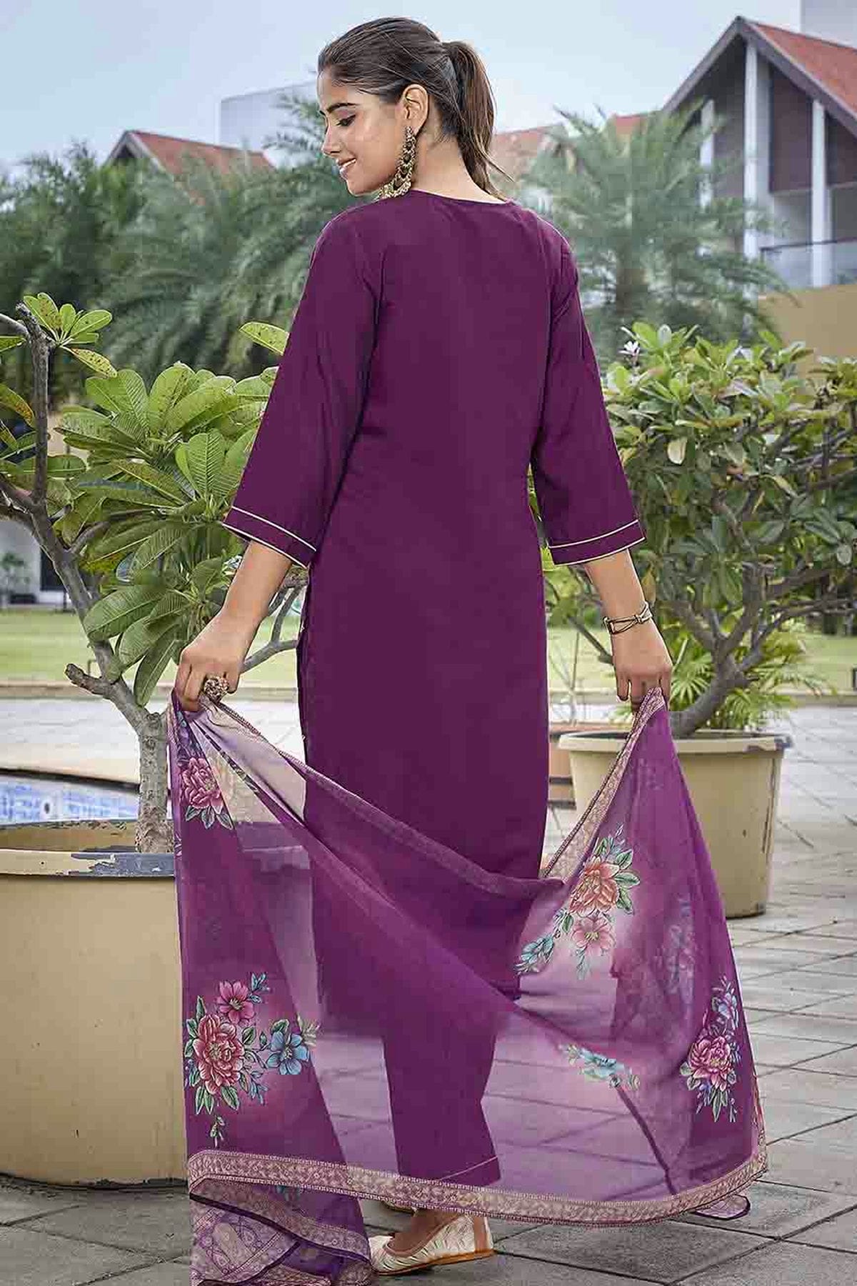 Purple Colour Embroidery Viscose Chanderi Pant Style Suit VSSS1113461