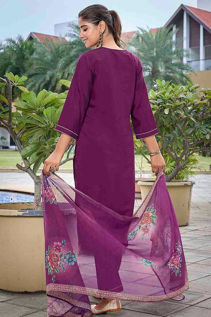 Purple Colour Embroidery Viscose Chanderi Pant Style Suit VSSS1113461