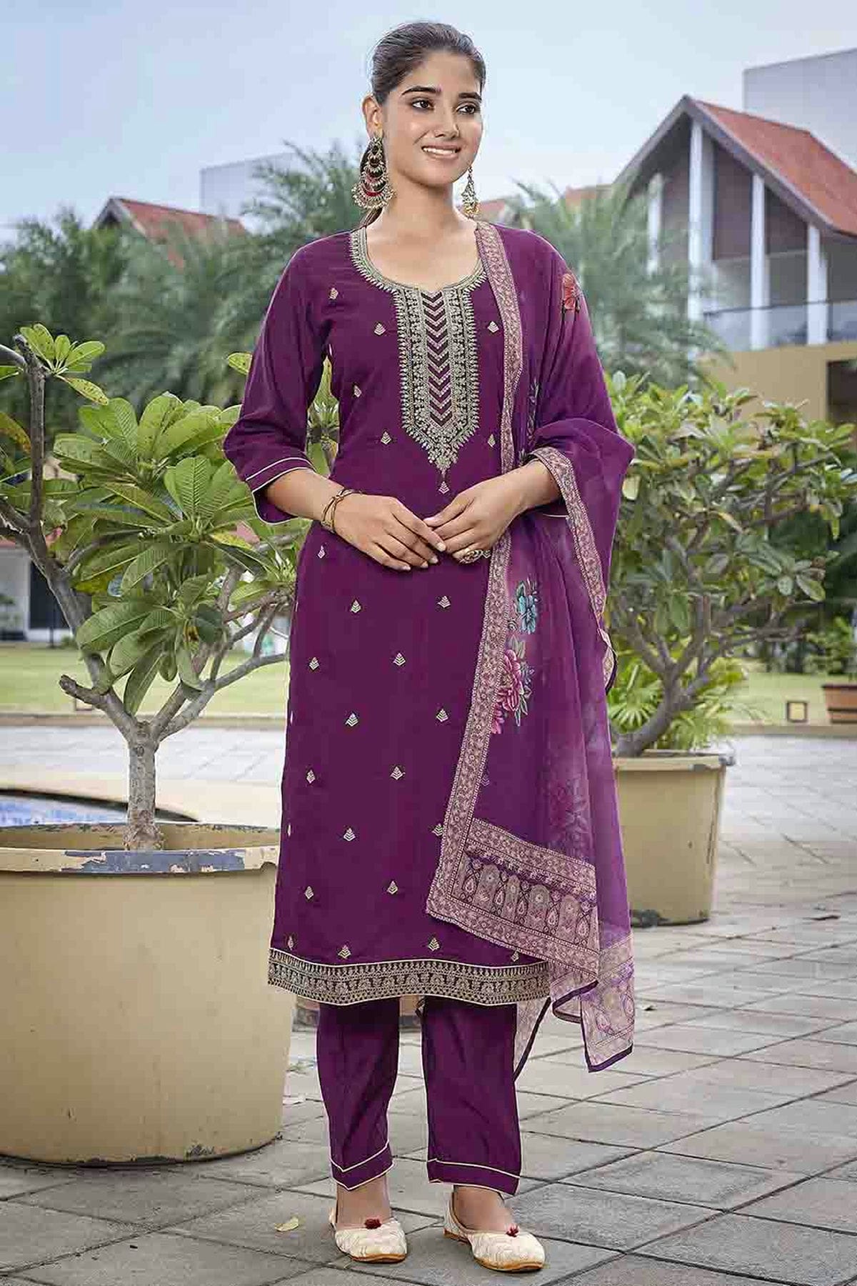 Purple Colour Embroidery Viscose Chanderi Pant Style Suit VSSS1113461