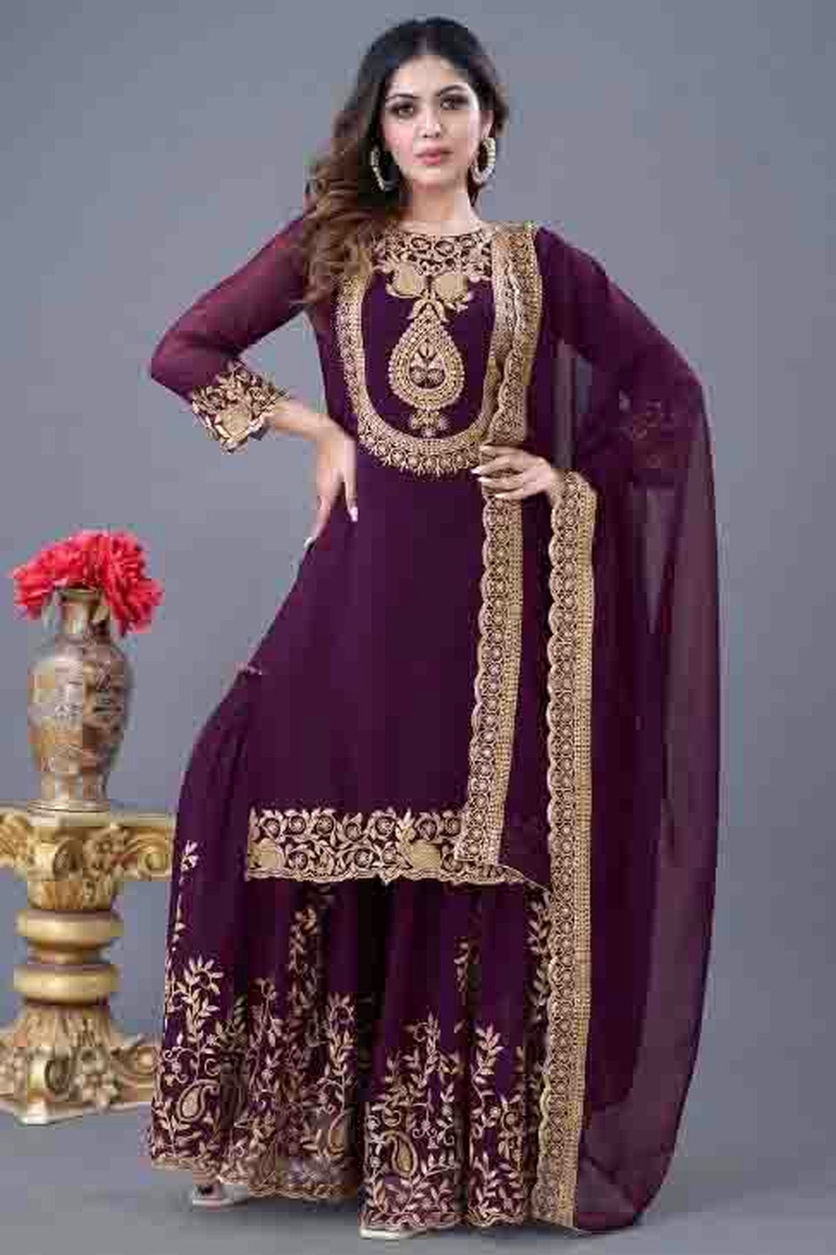 Purple Colour Faux Georgette Stitched Sharara Suit VSSS1140946