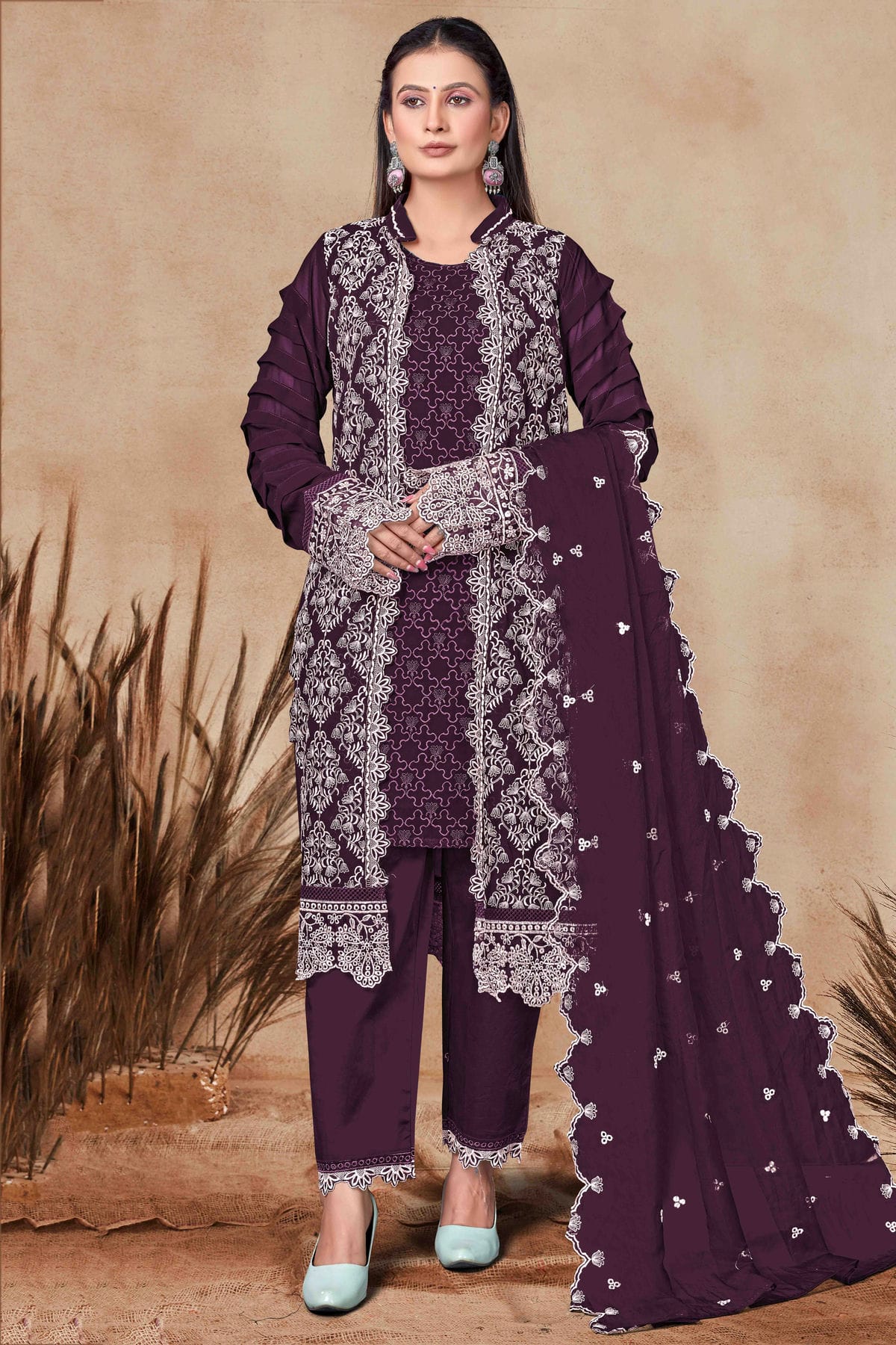 Purple Colour Georgette Pant Style Suit VSSM1140865