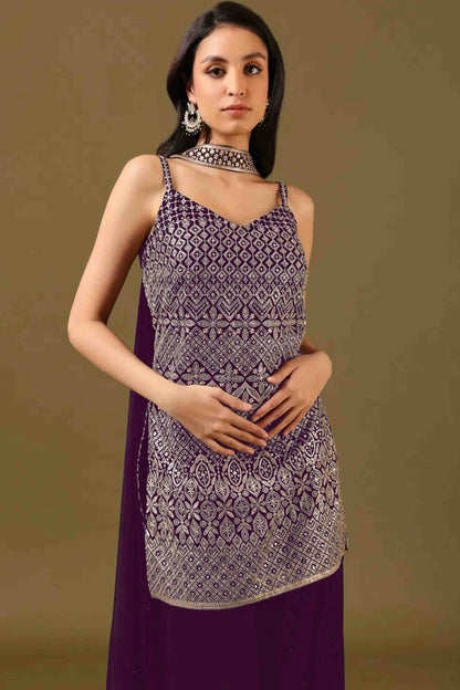 Purple Colour Georgette Stitched Sharara Suit VSSS1140983