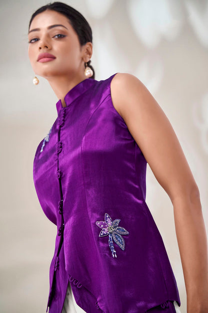 Purple Colour Hand Work Pure Gaji Silk Top VSTP1080906