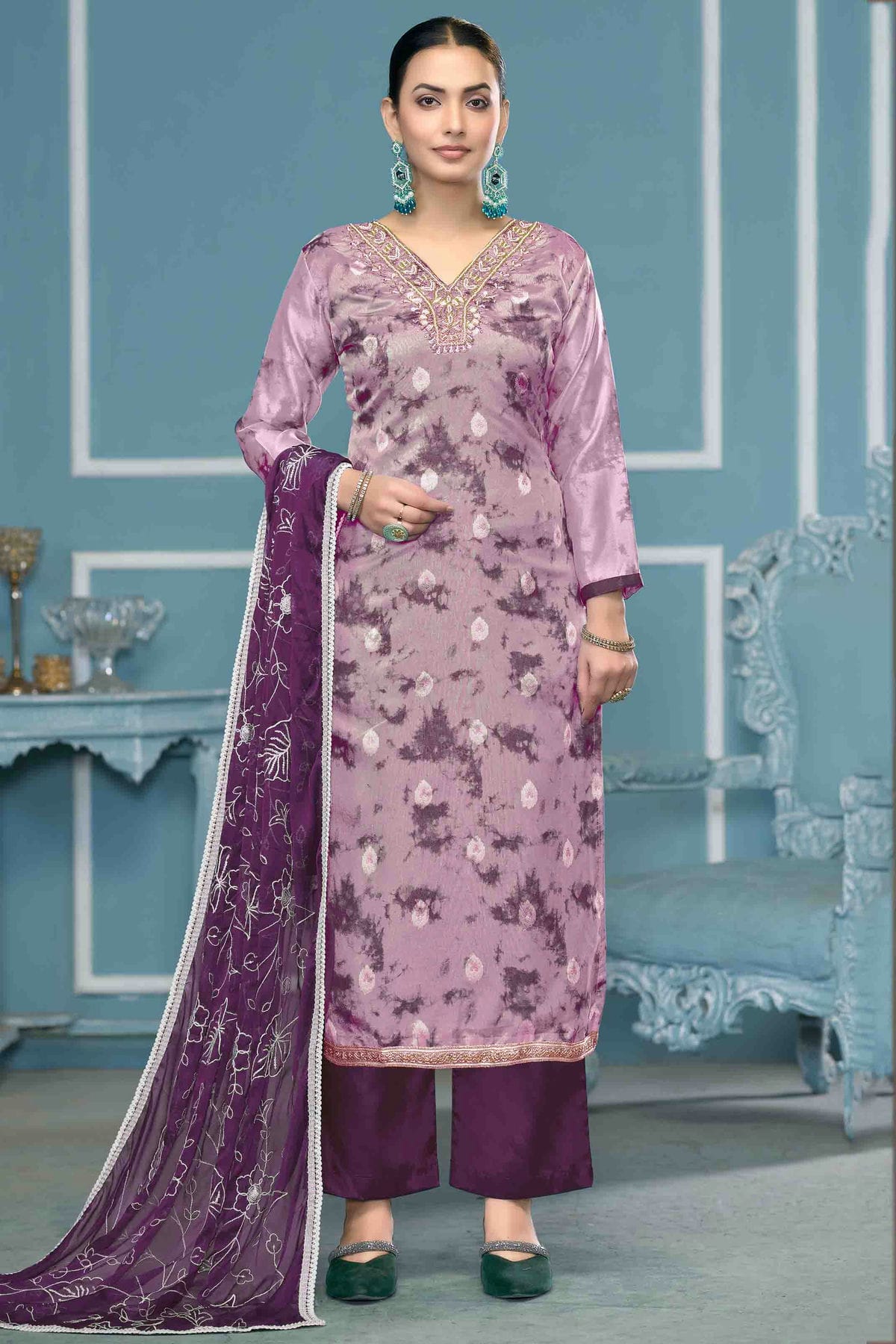 Purple Colour Organza Banarasi Pant Style Suit VSSM1113234