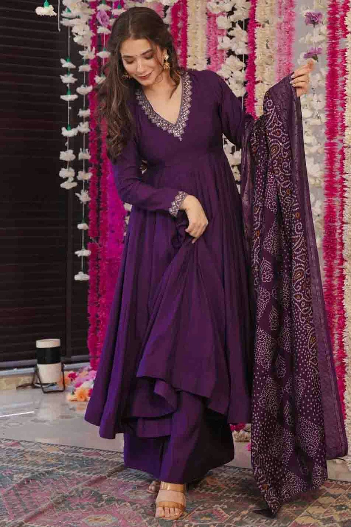 Purple Colour PV Chanderi Embroidery Palazzo Pant Suit VSSS1113643