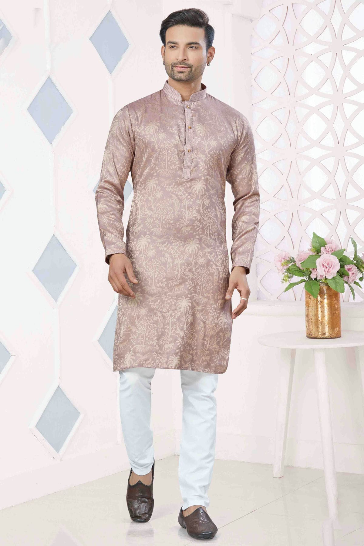 Purple Colour Pintex Work and Woven Jacquard Silk Kurta Pajama VSKP1113409