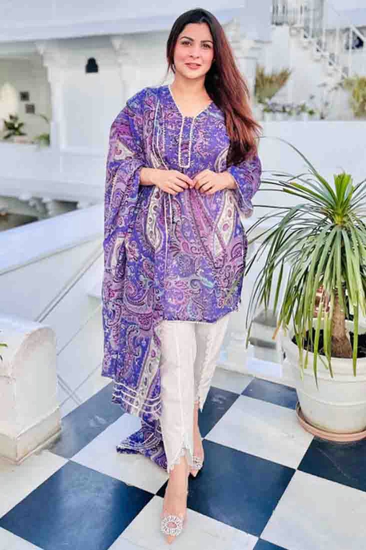 Purple Colour Printed Viscose Pant Style Suit VSSS1113491