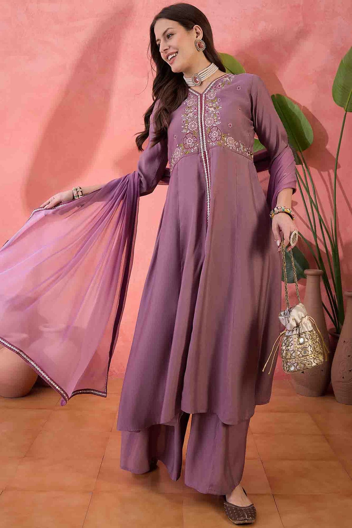 Purple Colour Roman Silk Stitched Palazzo Pant Suit VSSS1113916