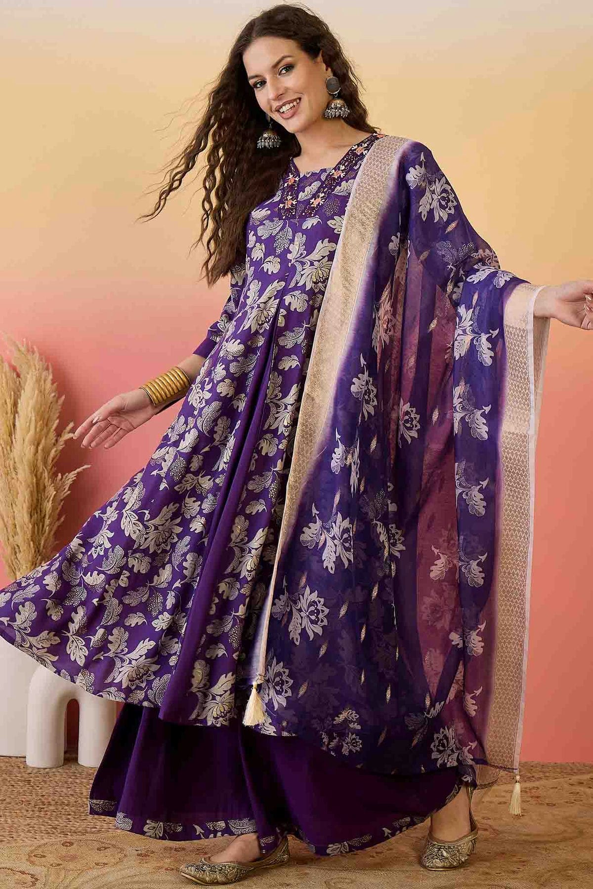 Purple Colour Roman Silk Stitched Palazzo Pant Suit VSSS1113927