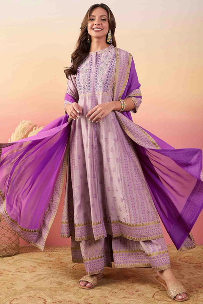 Purple Colour Roman Silk Stitched Palazzo Pant Suit VSSS1113936