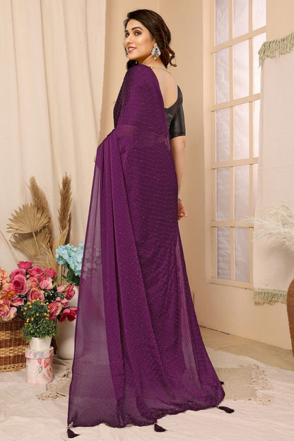 Purple Colour Satin Chiffon Stone Work Saree VSSD1180085