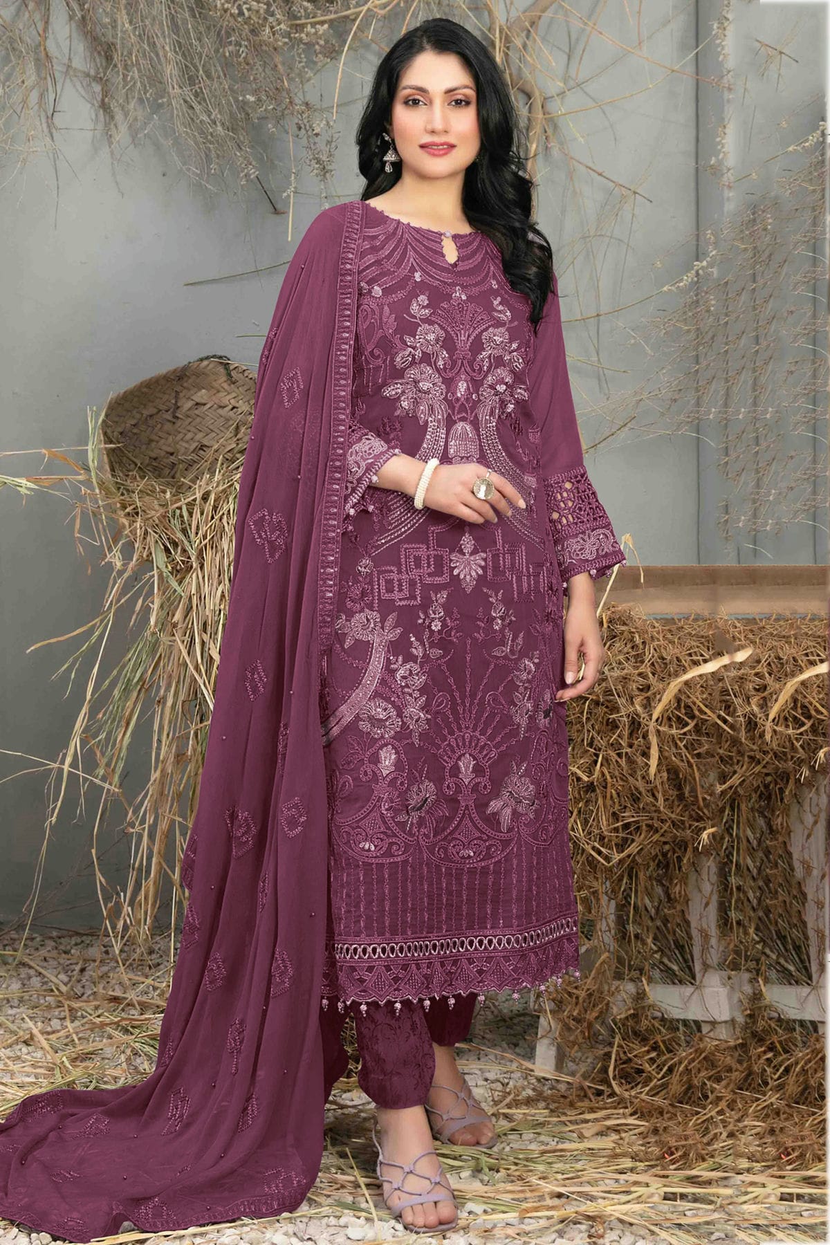 Purple Colour Semi Stitched Faux Georgette Pakistani Suit VSSM1140640