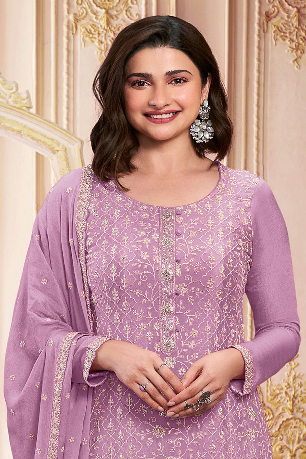 Purple Colour Semi Stitched Faux Georgette Pant Style Suit VSSM1140287