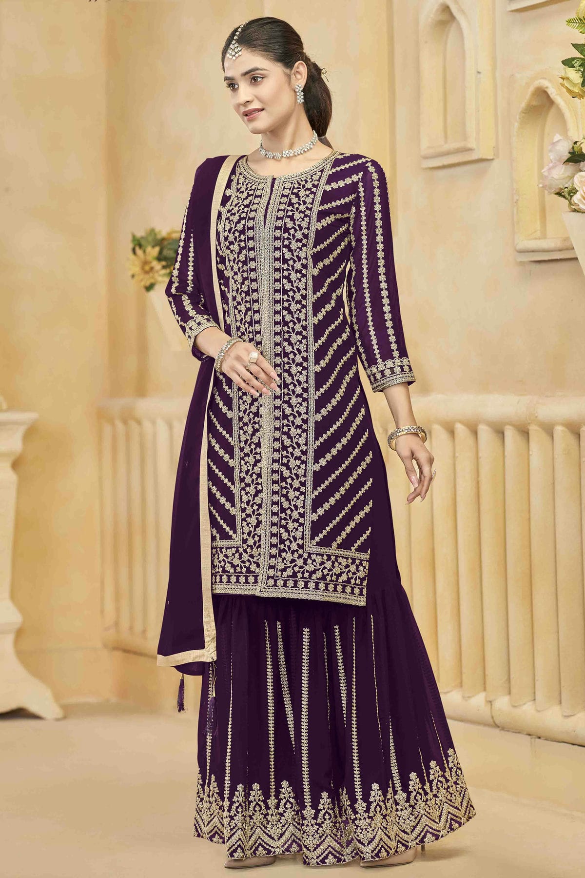 Purple Colour Semi Stitched Faux Georgette Sharara Suit VSSM1050748